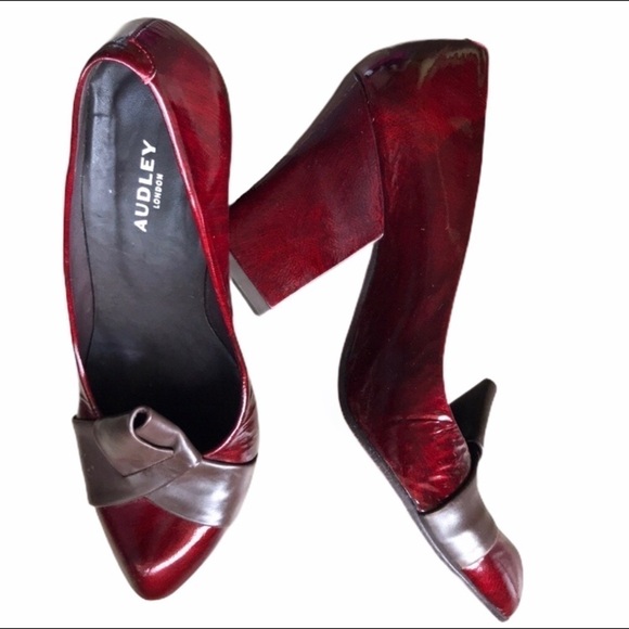 Audley London blood red patent leather architectural block heels